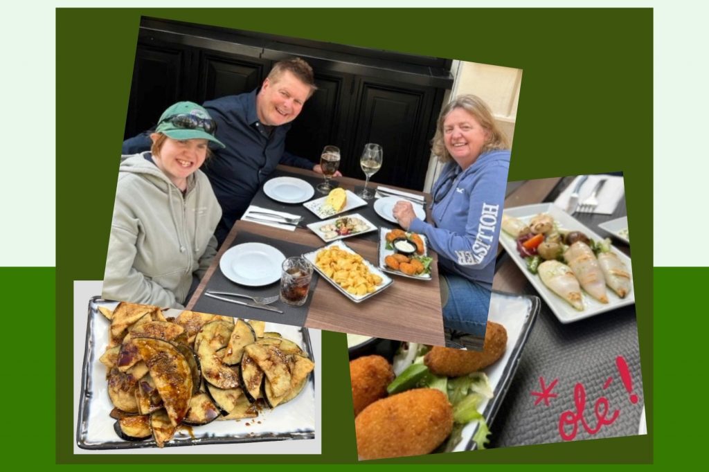 Caldow Family Meal Malaga Meal of espeto de sardinas, grilled sardines, Málaga famous dish, with berenjenas con miel de caña, eggplant with Honey Cane, a typically Andaluz dish.