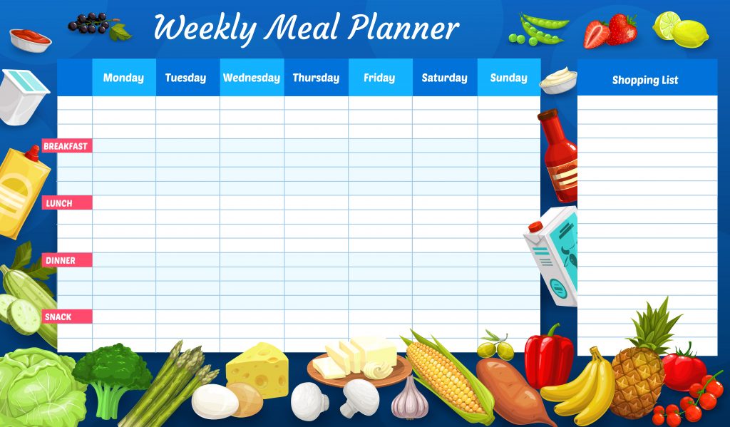 Weekly meal planner, vector timetable, week food plan organizer. Calendar menu with shopping list for grocery purchases. Meal template for personal weekly dieting