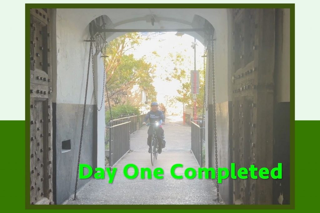 Graham Caldow arriving at the Rock of Gibraltar after cycling from Tarifa to Rock of Gibraltar