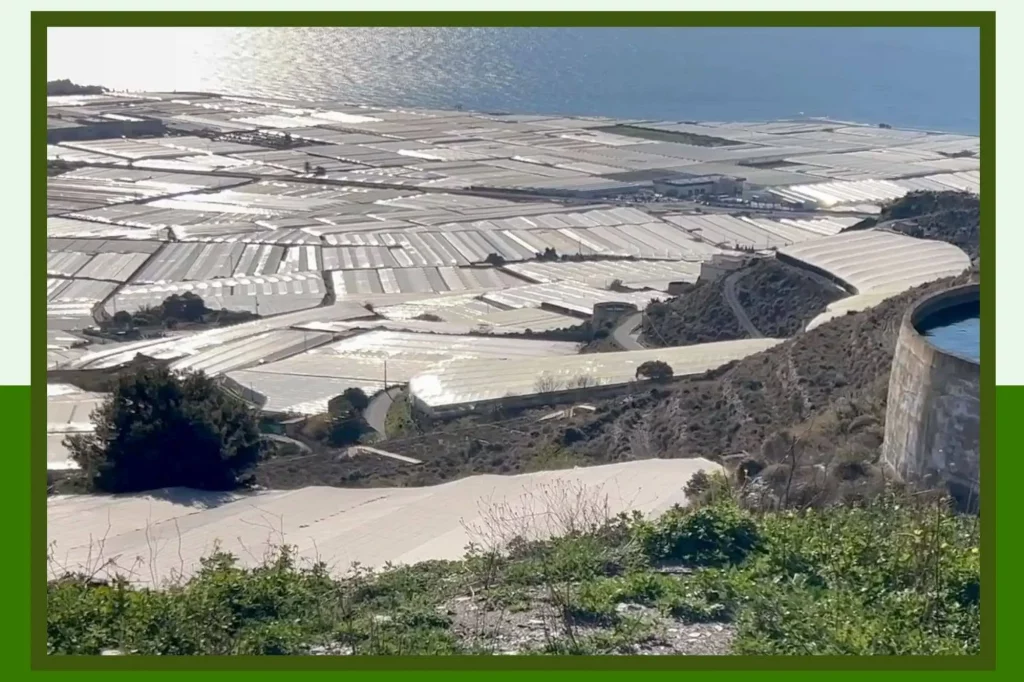 View of polytunnels from the top of a hill in Andalusia, Spain, while cycling from Salobreña to Almería